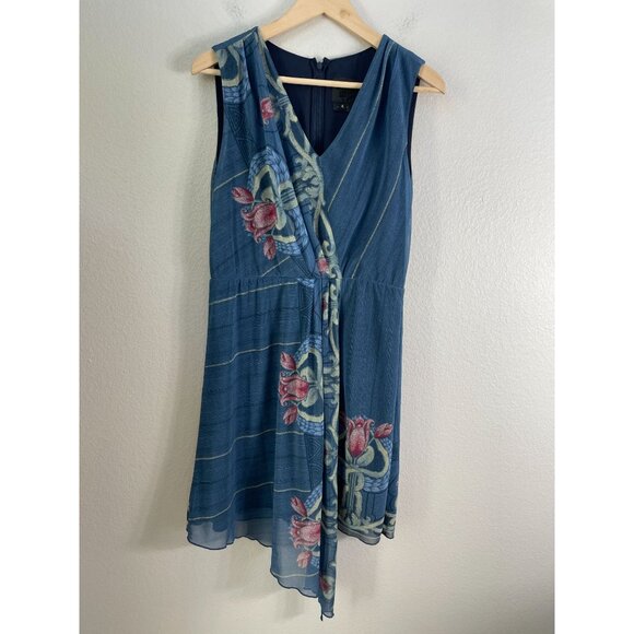 Anna Sui Womens 4 Blue Floral Sleeveless Dress V Neck Asymmetrical Hem - Picture 6 of 9